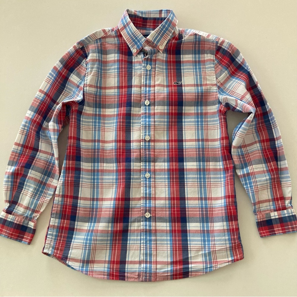 Vineyard Vines Boys 8-10 Blue Red Whale Shirt